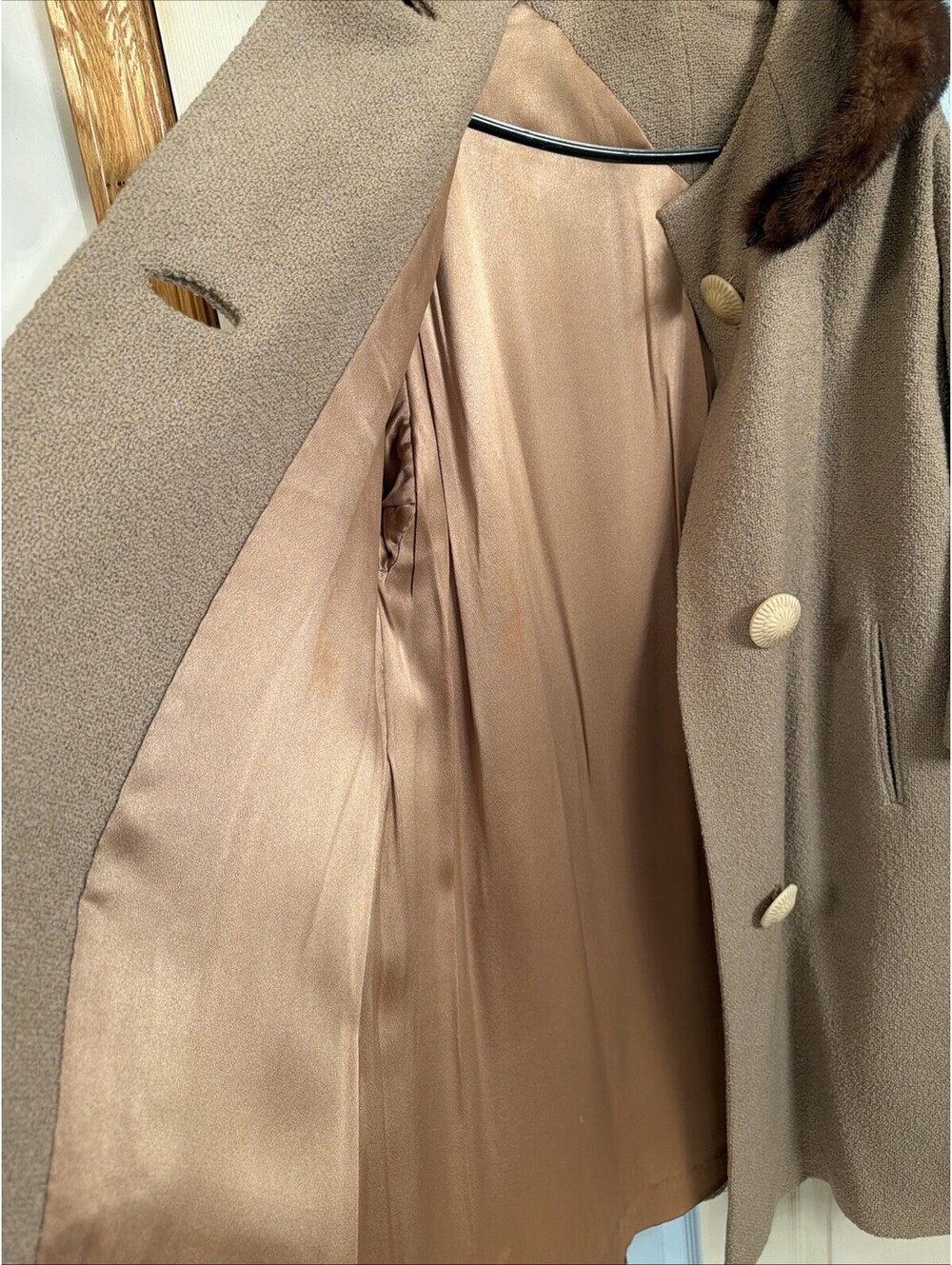 Vintage 50s 60s Tweed Wool Beaver Fur Collar Swing Coat XL Tan Silk Lined Retro - Picture 7 of 12